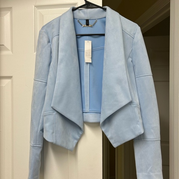 NWT White House Black Market Faux Suede Drape Front Jacket Baby Blue Size M